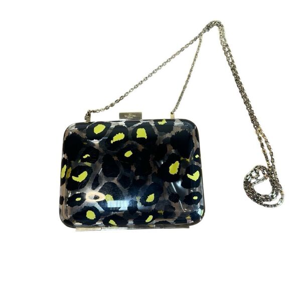 VALENTINO GARAVANI Black Yellow Leopard Print Acrylic Framed Clutch Chainlink - Picture 6 of 15